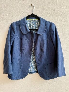 Boden Linen Blend Jacket Blue Floral Lined Tailored Blazer US 8